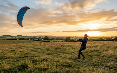Fotorealistische Aufnahme von Lenkdrachen auf der Wiese zum Thema North Pulse Kite Einleiner, warmes Abendlicht - Foto: THN