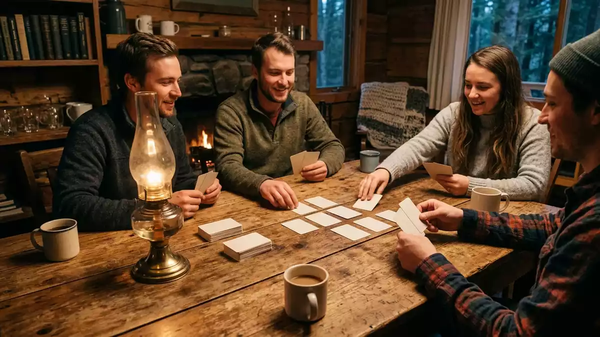Fotorealistische Ansicht von Kartenspiel in der Huette in warmem Abendlicht, neutral
