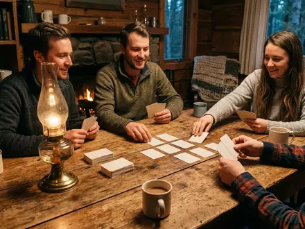 Fotorealistische Aufnahme von Kartenspiel in der Huette zum Thema The Mind, warmes Abendlicht - Foto: THN