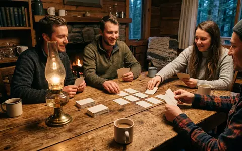 Fotorealistische Aufnahme von Kartenspiel in der Huette zum Thema The Mind, warmes Abendlicht - Foto: THN