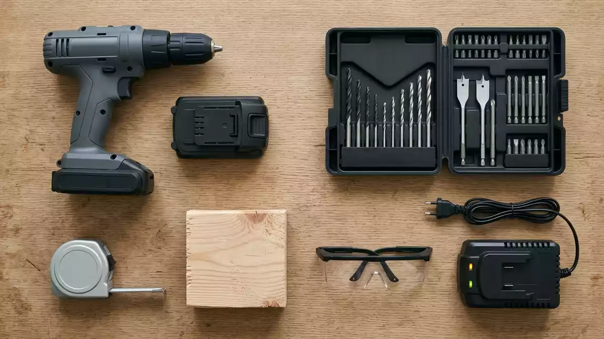 Flatlay-Arrangement rund um Akku Bohrschrauber mit passenden Requisiten von oben
