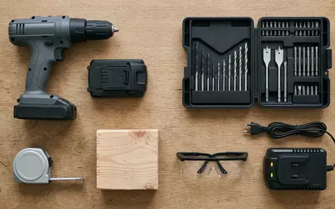 Flatlay-Arrangement rund um Akku Bohrschrauber zum Thema Bosch Professional GSR 12V-15, weiches Oberlicht - Foto: THN