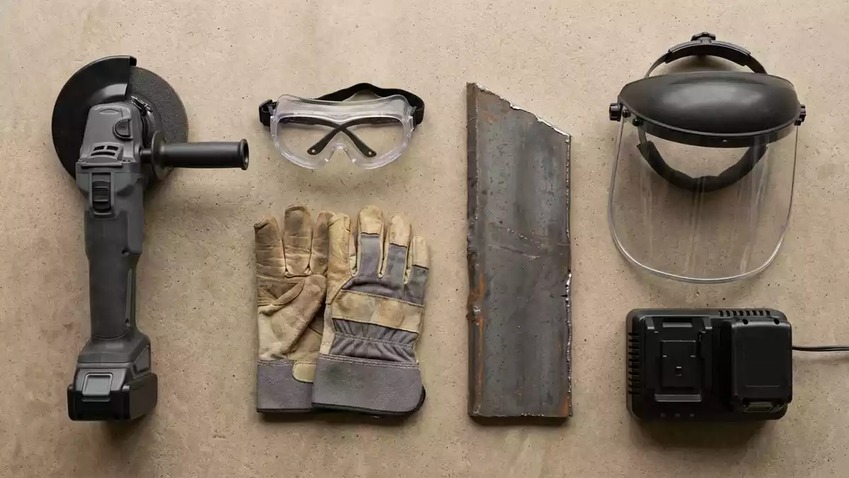 Flatlay-Arrangement rund um Akku Winkelschleifer mit passenden Requisiten von oben