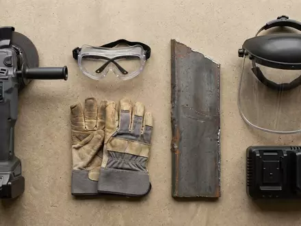 Flatlay-Arrangement rund um Akku Winkelschleifer zum Thema Bosch Professional GWS 18V-10, weiches Oberlicht - Foto: THN
