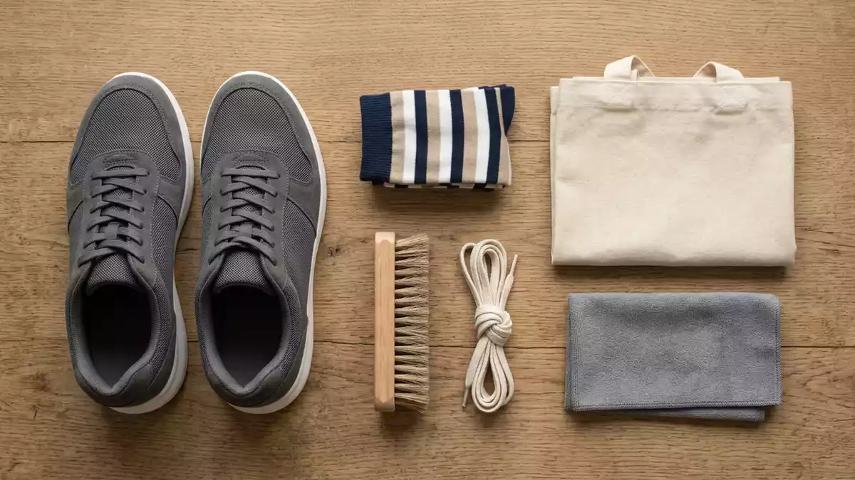 Flatlay-Arrangement rund um Sneaker mit passenden Requisiten von oben, neutral