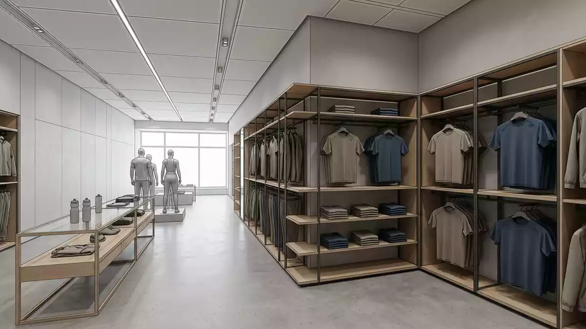 Architektur-Render im Sportbekleidungsgeschaeft mit Trainingsshirt im Ausstellungsbereich