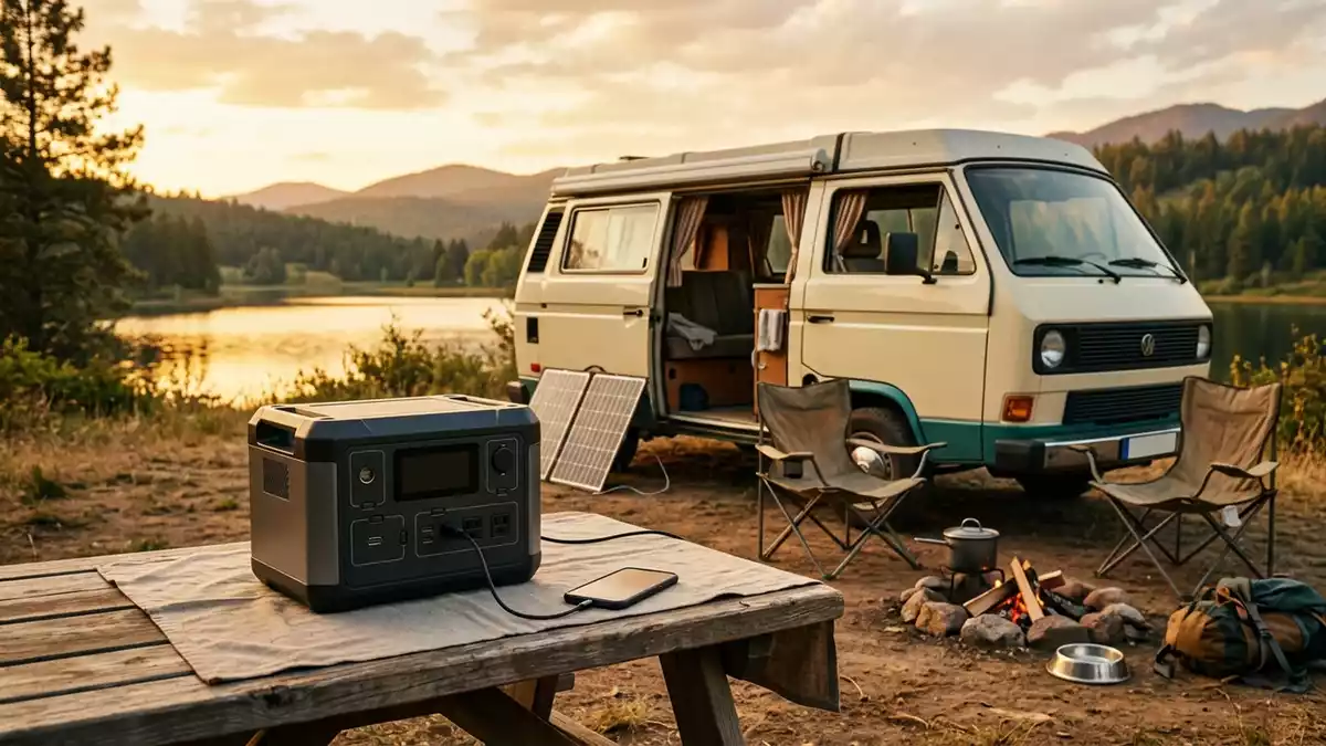 Fotorealistische Ansicht von Powerstation am Wohnmobil in warmem Abendlicht, neutral