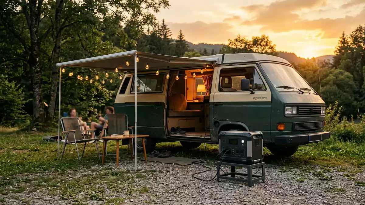 Fotorealistische Ansicht von Powerstation am Wohnmobil in warmem Abendlicht, neutral