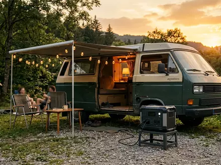 Fotorealistische Aufnahme von Powerstation am Wohnmobil zum Thema EcoFlow DELTA Pro Ultra, warmes Abendlicht - Foto: THN