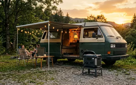 Fotorealistische Aufnahme von Powerstation am Wohnmobil zum Thema EcoFlow DELTA Pro Ultra, warmes Abendlicht - Foto: THN