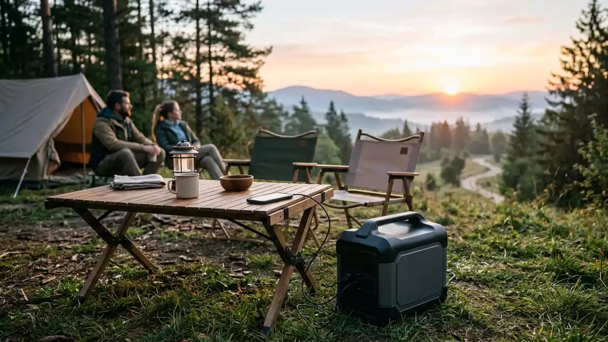 Fotorealistische Ansicht von Powerstation am Campingplatz in realer Umgebung, neutral