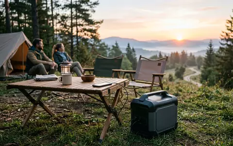 Fotorealistische Aufnahme von Powerstation am Campingplatz zum Thema EcoFlow RIVER 2 Max, natuerliches Licht - Foto: THN