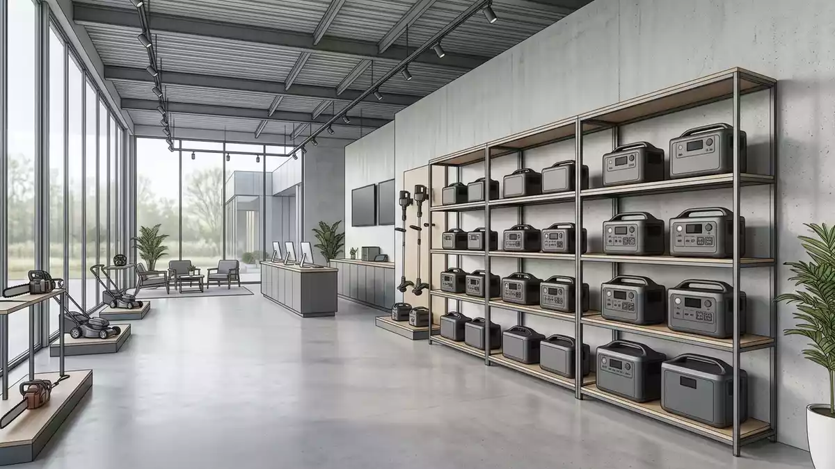Architektur-Render im Elektronikgeschaeft mit Powerstation im Ausstellungsbereich