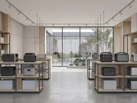 Architektur-Render im Elektronikgeschaeft mit Powerstation zum Thema EcoFlow RIVER 2 Powerstation, neutrales Tageslicht - Foto: THN