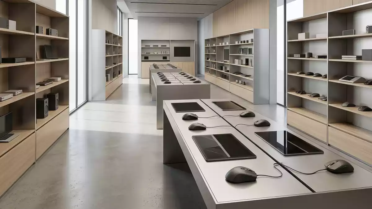 Architektur-Render im Elektronikgeschaeft mit Gamingmaus im Ausstellungsbereich