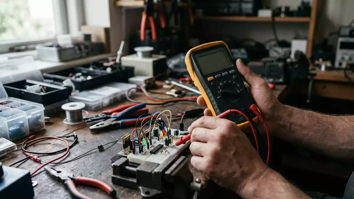 Fotorealistische Ansicht von Digitalmultimeter in der Werkstatt in realer Umgebung