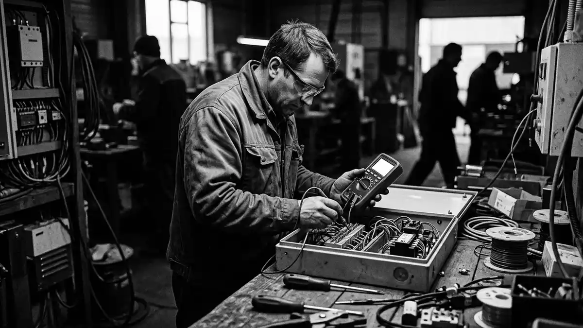 Schwarzweiss-Reportagebild mit Digitalmultimeter in dokumentarischer Arbeitsumgebung