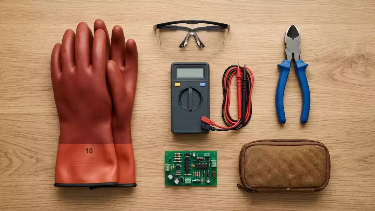 Flatlay-Arrangement rund um Digitalmultimeter mit passenden Requisiten von oben