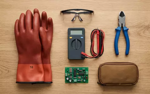 Flatlay-Arrangement rund um Digitalmultimeter zum Thema Fluke 117 Digitales Multimeter, weiches Oberlicht - Foto: THN