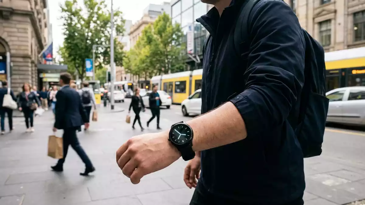 Fotorealistische Ansicht von Smartuhr beim Stadtbummel in realer Umgebung, neutral