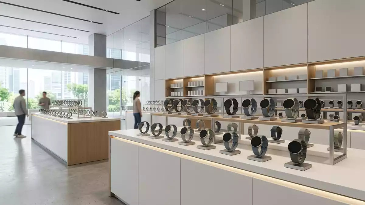 Architektur-Render im Elektronikgeschaeft mit Smartuhr im Ausstellungsbereich, neutral