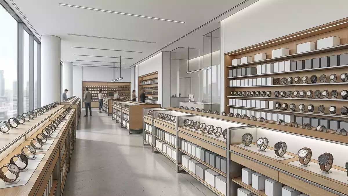Architektur-Render im Elektronikgeschaeft mit Analoguhr im Ausstellungsbereich