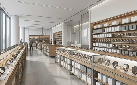 Architektur-Render im Elektronikgeschaeft mit Analoguhr zum Thema Fossil Hybrid HR Smartwatch, neutrales Tageslicht - Foto: THN