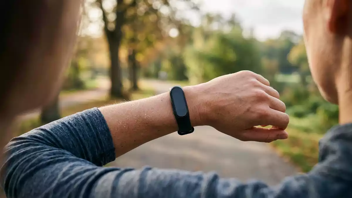 Fotorealistische Ansicht von Fitnessarmband beim Joggen in realer Umgebung, neutral