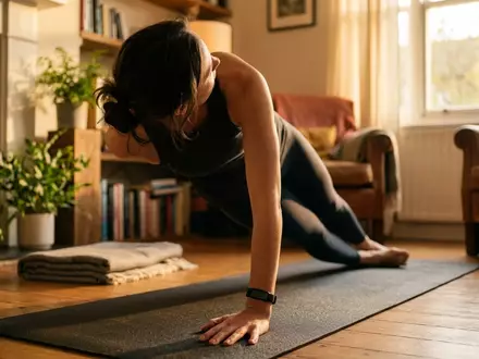 Fotorealistische Aufnahme von Fitnessarmband beim Yoga zum Thema Xiaomi Smart Band 9, warmes Abendlicht - Foto: THN