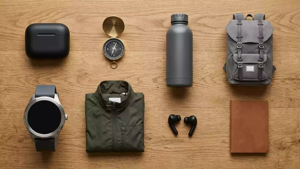 Flatlay-Arrangement rund um Smartwatch mit passenden Requisiten von oben, neutral