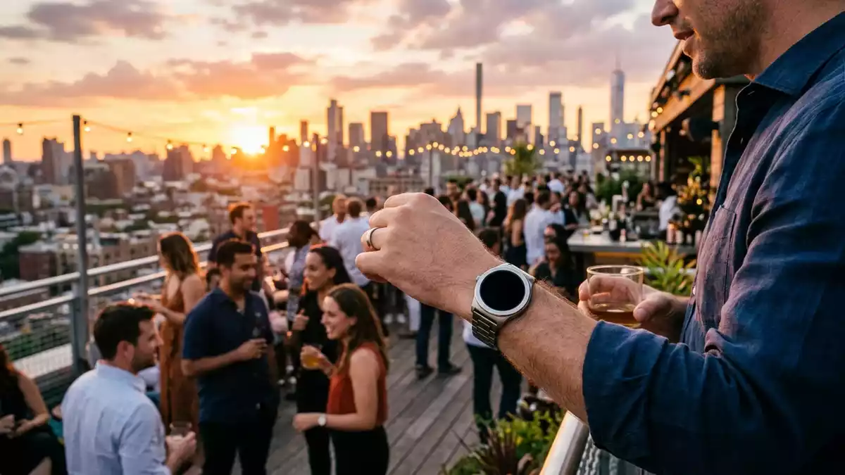 Fotorealistische Ansicht von Smartwatch auf der Dachterrasse in warmem Abendlicht