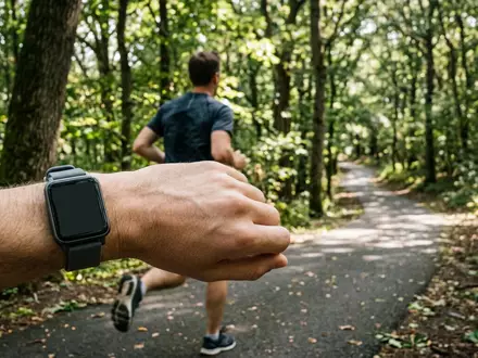 Fotorealistische Aufnahme von Smartwatch beim Laufen zum Thema Xiaomi Redmi Watch 5, natuerliches Licht - Foto: THN