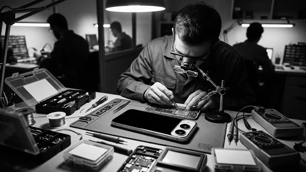 Schwarzweiss-Reportagebild mit Smartphone in dokumentarischer Arbeitsumgebung, neutral