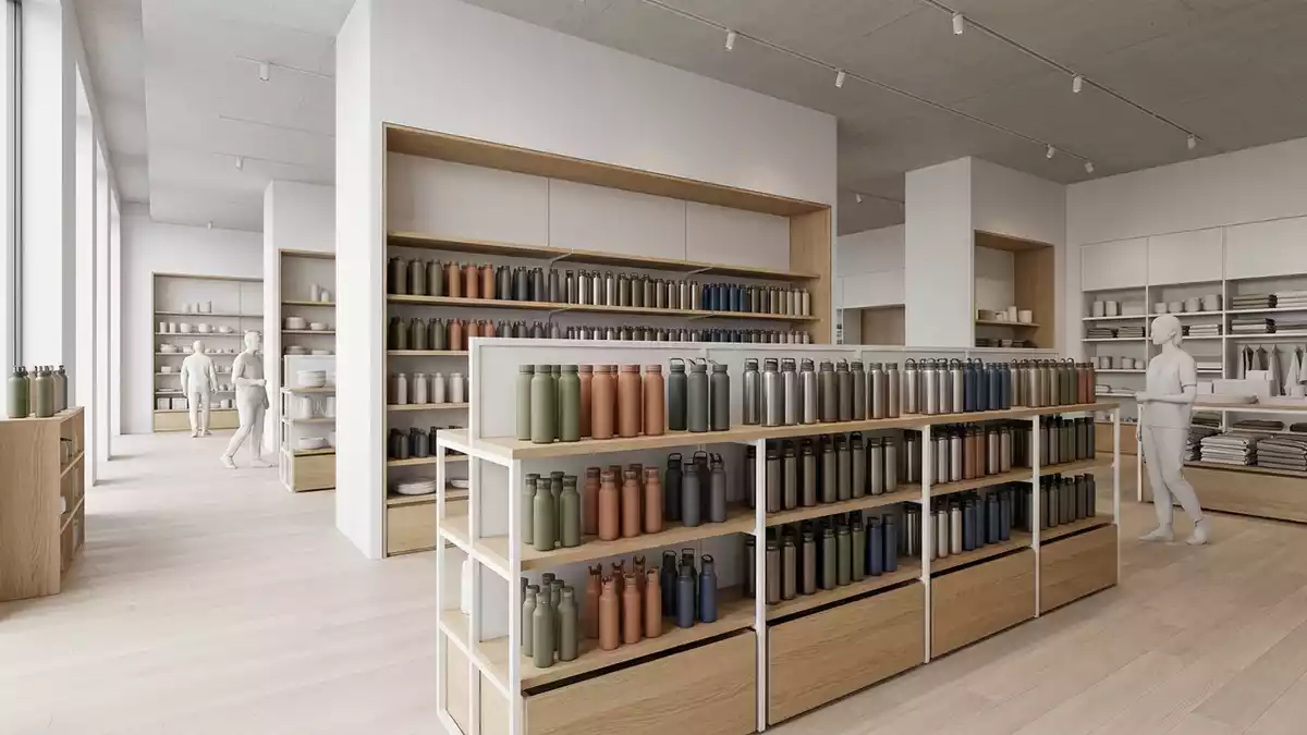 Architektur-Render im Haushaltswarengeschaeft mit Trinkflasche im Ausstellungsbereich