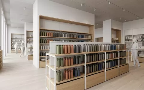 Architektur-Render im Haushaltswarengeschaeft mit Trinkflasche zum Thema Frank Green Premium Reusable, neutrales Tageslicht - Foto: THN