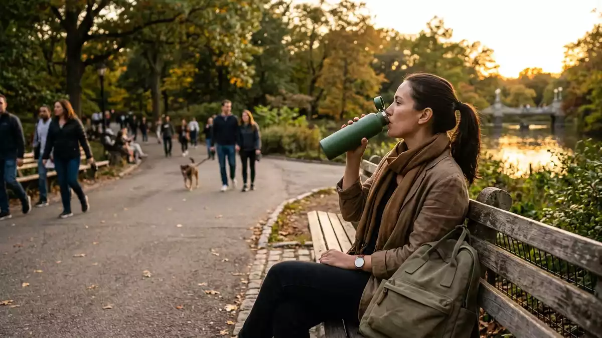 Fotorealistische Ansicht von Trinkflasche im Park in warmem Abendlicht, neutral