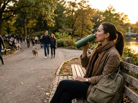 Fotorealistische Aufnahme von Trinkflasche im Park zum Thema Frank Green Premium Reusable, warmes Abendlicht - Foto: THN