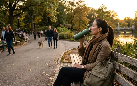 Fotorealistische Aufnahme von Trinkflasche im Park zum Thema Frank Green Premium Reusable, warmes Abendlicht - Foto: THN