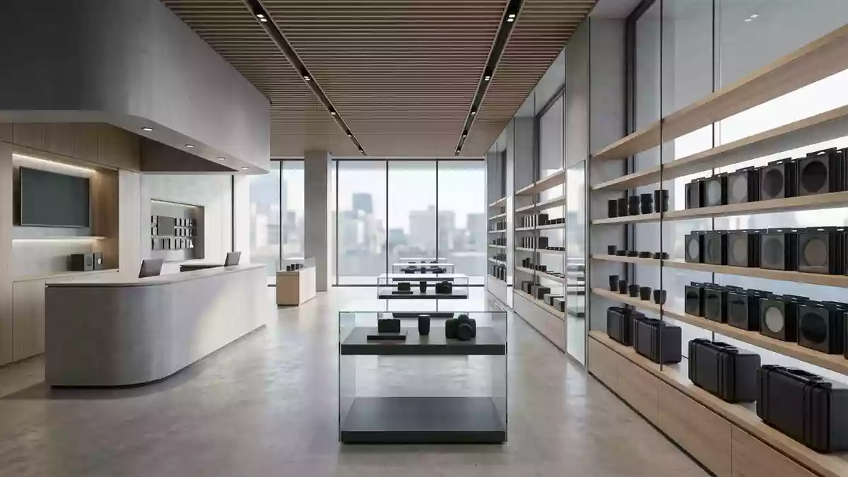 Architektur-Render im Fotofachgeschaeft mit Kamerafilterset im Ausstellungsbereich