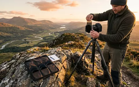 Fotorealistische Aufnahme von Kamerafilterset am Aussichtspunkt zum Thema Freewell ND-Filter Set für, warmes Abendlicht - Foto: THN