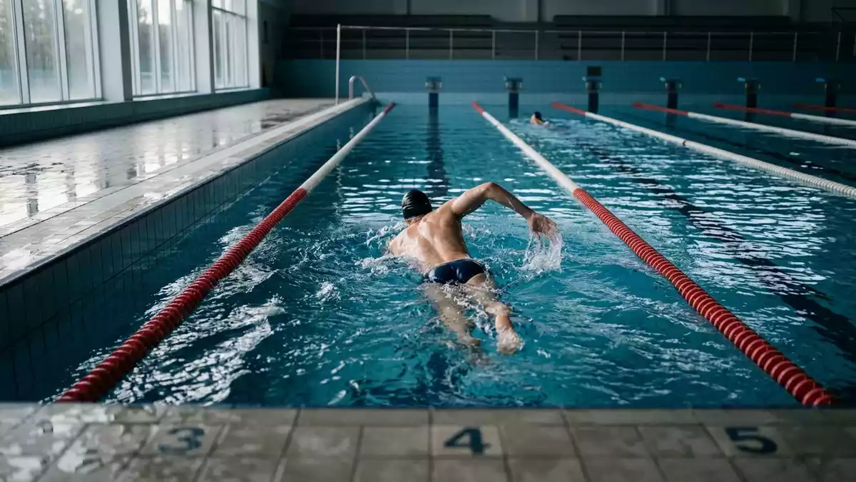Fotorealistische Ansicht von Schwimmhose im Schwimmbad in realer Umgebung, neutral