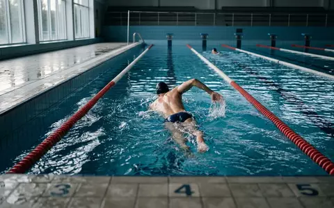 Fotorealistische Aufnahme von Schwimmhose im Schwimmbad zum Thema Funky Trunks Herren Still, natuerliches Licht - Foto: THN