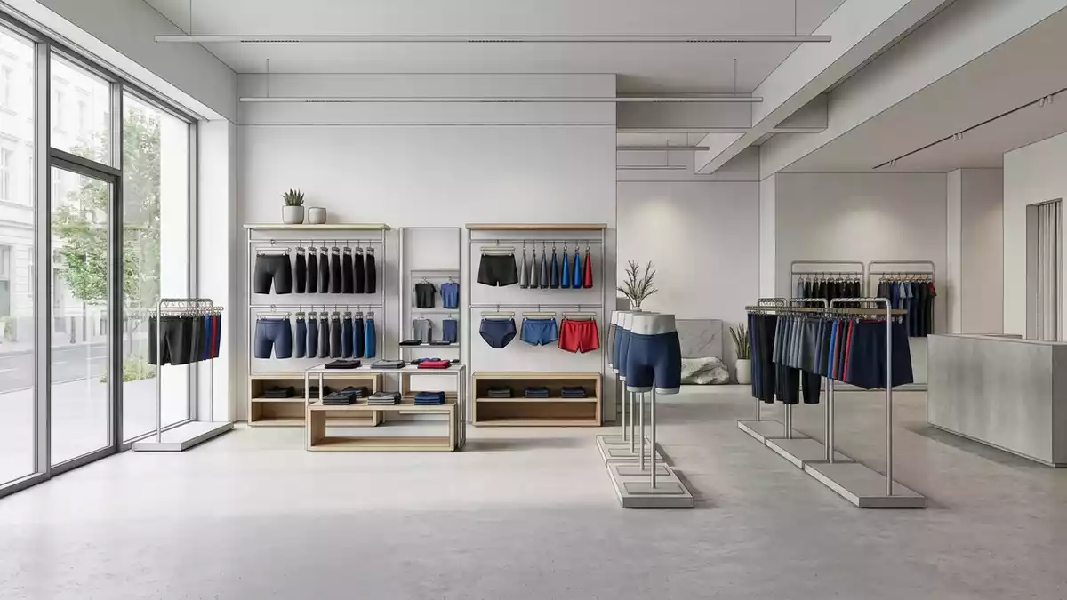 Architektur-Render im Bademodengeschaeft mit Schwimmhose im Ausstellungsbereich