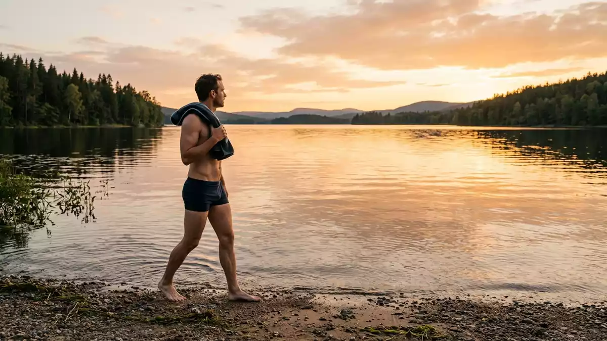 Fotorealistische Ansicht von Schwimmhose am Seeufer in warmem Abendlicht, neutral