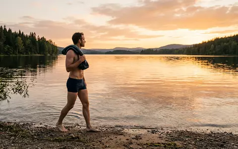 Fotorealistische Aufnahme von Schwimmhose am Seeufer zum Thema Funky Trunks Herren Still, warmes Abendlicht - Foto: THN