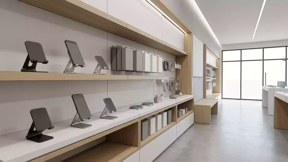 Architektur-Render im Handyzubehoergeschaeft mit Handystaender im Ausstellungsbereich