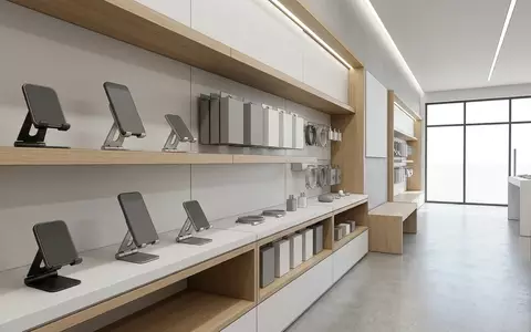 Architektur-Render im Handyzubehoergeschaeft mit Handystaender zum Thema Moft MagSafe Snap Float, neutrales Tageslicht - Foto: THN