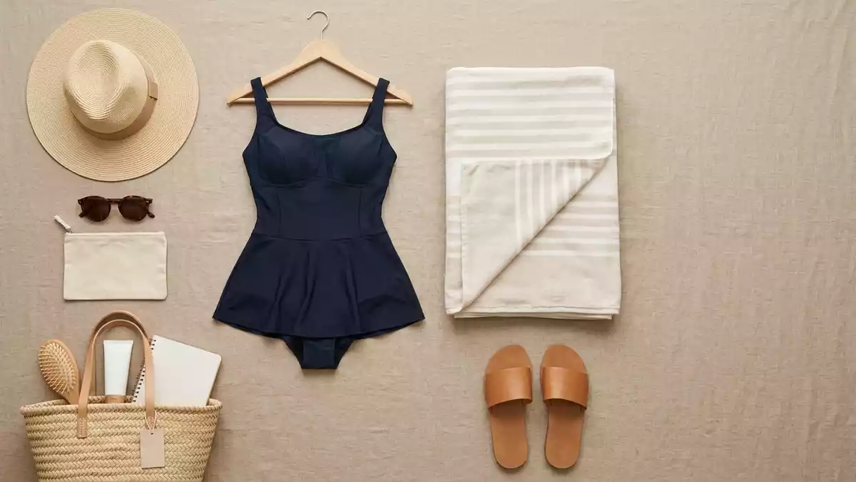 Flatlay-Arrangement rund um Badeanzug mit passenden Requisiten von oben, neutral