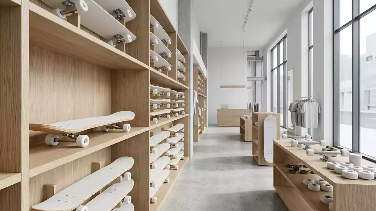 Architektur-Render im Boardsportgeschaeft mit Skateboard im Ausstellungsbereich