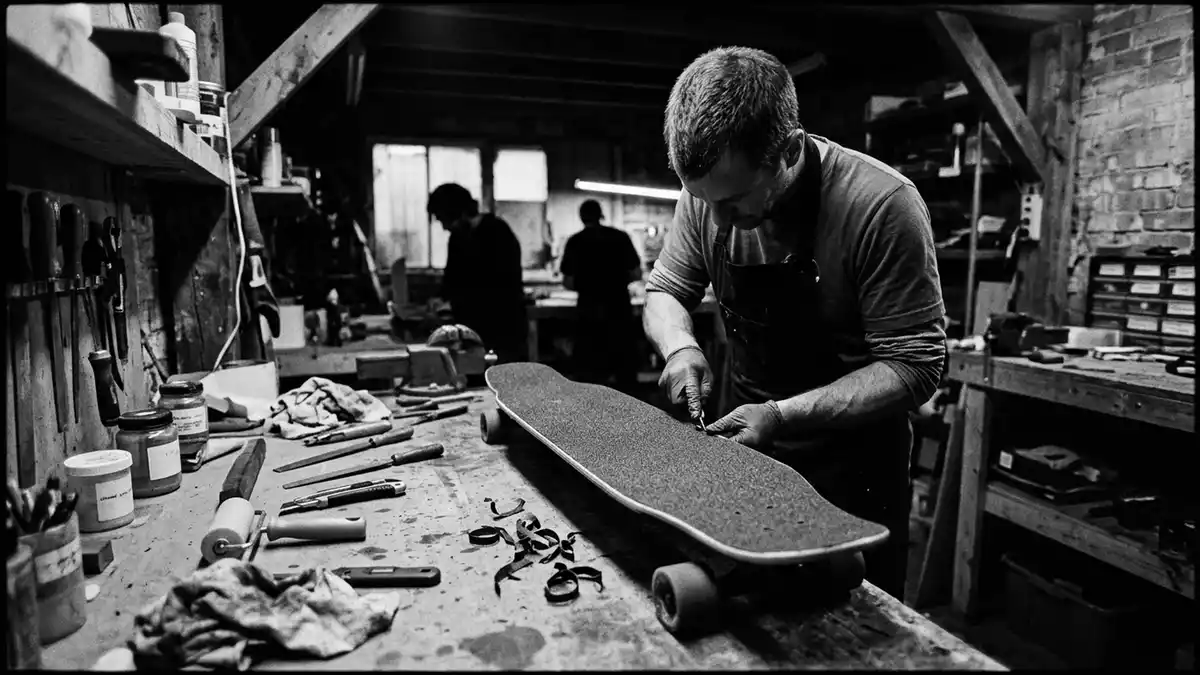 Schwarzweiss-Reportagebild mit Griptape in dokumentarischer Arbeitsumgebung, neutral